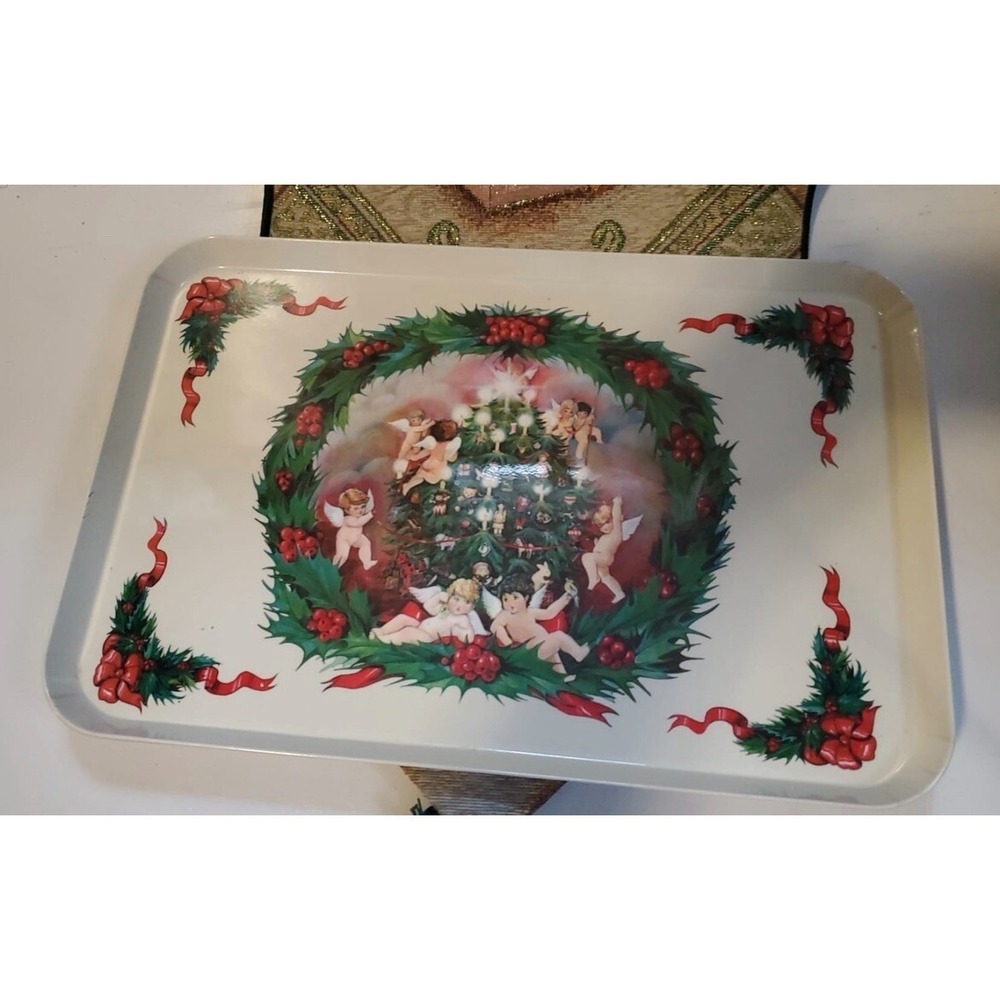 vtg Christmas Tree Plastic serving Hostess tray Italy Angels Putti 11‎ x 17 art